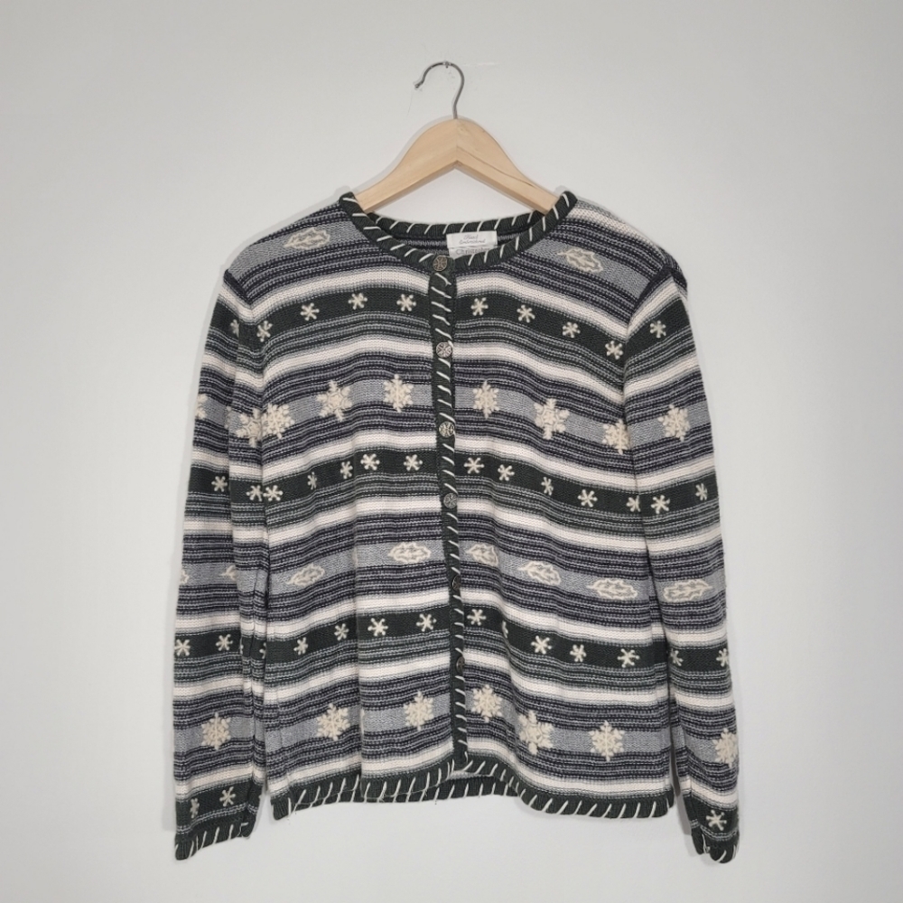 Christopher & Banks Snowflake Knit Hand Embroidered Cardigan Cottagecore Ramie